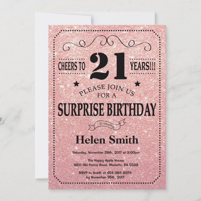 Invitación Sorpresa 21 cumpleaños Rosa Rosa Rosa Purpurina do (Anverso)