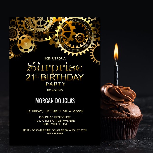 Invitación Sorpresa 21 cumpleaños Steampunk Black Gold (Subido por el creador)