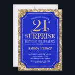 Invitación Sorpresa 21 Fiesta de cumpleaños - Azul real de or<br><div class="desc">Invitación a la celebración del 21º cumpleaños sorpresa. Elegante diseño elegante con un diseño de oro azul real y falso purpurina. Presenta una fuente de script elegante. Mándame un mensaje si necesitas más personalización.</div>