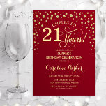 Invitación Sorpresa 21 Fiesta de cumpleaños - Oro Rojo<br><div class="desc">Sorpresa 21ª Invitación de fiesta de cumpleaños. Elegante diseño de color rojo oscuro y falso oro purpurina. Presenta el tipo de letra de guión y los diamantes confetti. ¡Salud a 21 años! Mándame un mensaje si necesitas más personalización.</div>