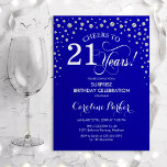 Invitación Sorpresa 21 Fiesta de cumpleaños - Plata azul real<br><div class="desc">Sorpresa 21ª Invitación de fiesta de cumpleaños. Elegante diseño en azul real y purpurina falso plateado. Presenta el tipo de letra de guión y los diamantes confetti. ¡Salud a 21 años! Mándame un mensaje si necesitas más personalización.</div>