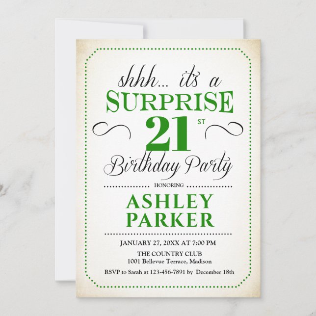Invitación Sorpresa 21 Fiesta de cumpleaños - Verde blanco (Anverso)