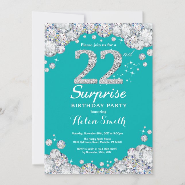 Invitación Sorpresa 22 cumpleaños Diamante Verde azulado y pl (Anverso)