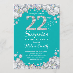 Invitación Sorpresa 22 cumpleaños Diamante Verde azulado y pl