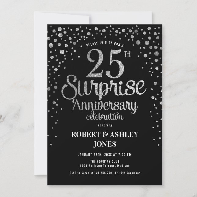 Invitación Sorpresa 25º aniversario Boda - Negro y plata (Anverso)
