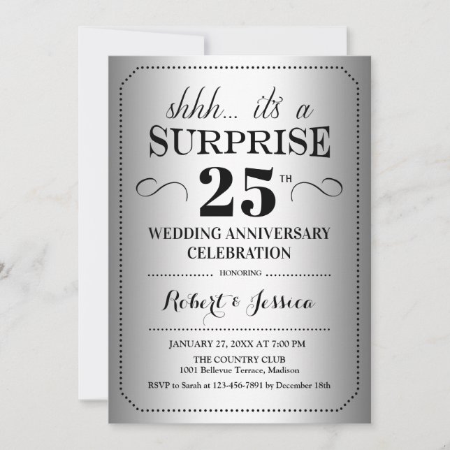 Invitación Sorpresa 25° aniversario Boda - negro plateado (Anverso)