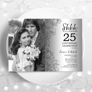 Invitación Sorpresa 25 Aniversario Con Foto Floral Plata