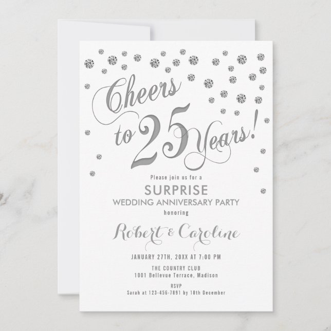 Invitación Sorpresa 25 Aniversario de Boda - Blanco & Plata (Anverso)