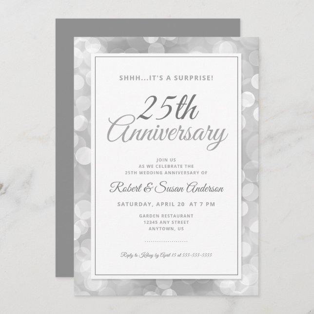 Invitación Sorpresa 25 Aniversario de Boda | Bokeh Plateado (Anverso / Reverso)