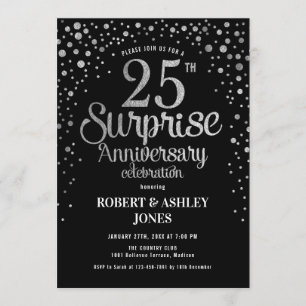 Invitación Sorpresa 25 Aniversario de Boda - Negro y Plata