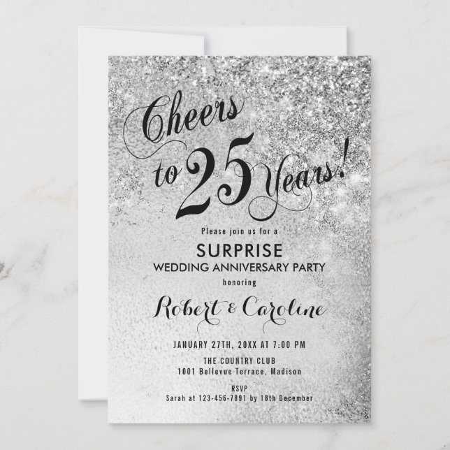Invitación Sorpresa 25 Aniversario de Boda - Plata (Anverso)