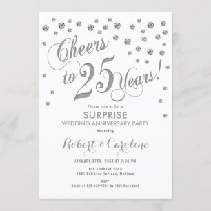 Invitación Sorpresa 25 Aniversario de Bodas - Blanco y Plata