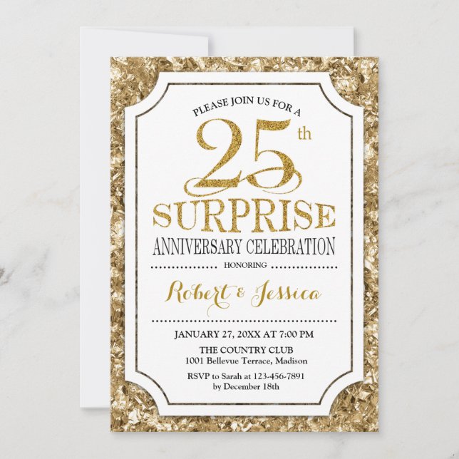 Invitación Sorpresa 25° Aniversario del Boda - Oro Blanco (Anverso)