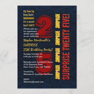 Invitación SORPRESA 25 Aniversario moderno Oro Rojo Azul W542