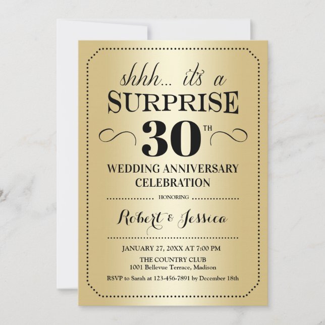 Invitación Sorpresa 30º Aniversario de Boda - Dorado Negro (Anverso)