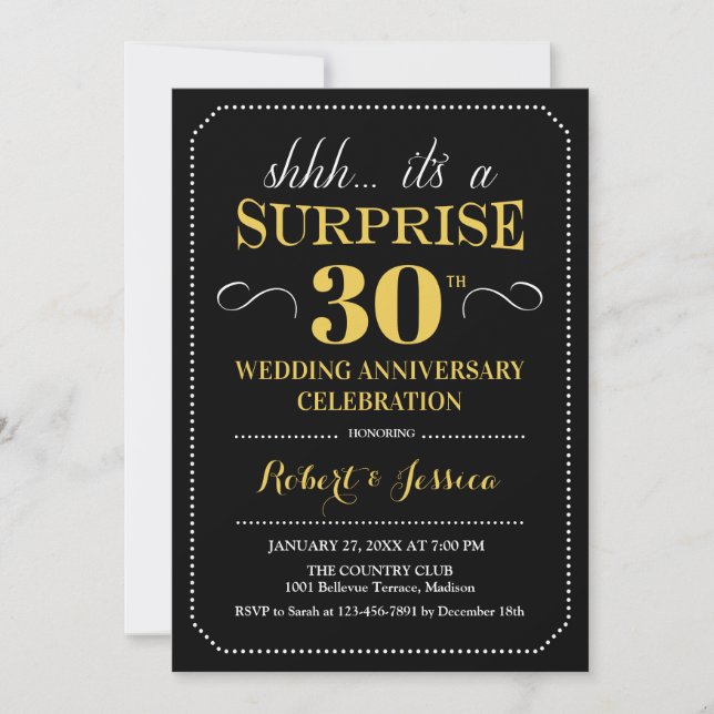 Invitación Sorpresa 30º Aniversario de Boda - Negro Oro (Anverso)