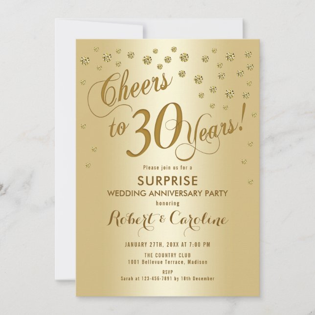 Invitación Sorpresa 30º Aniversario de Boda - Oro (Anverso)