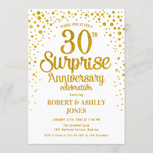 Invitación Sorpresa 30º Aniversario de Boda - Oro y Blanco