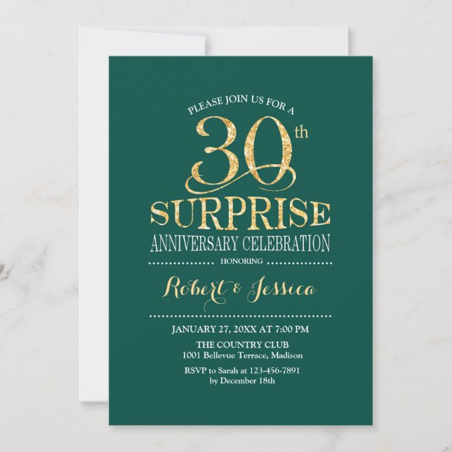 Invitación Sorpresa 30º Aniversario de Boda - Verde Oro (Anverso)