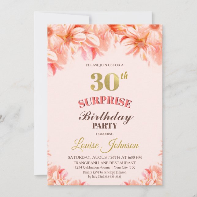 Invitación Sorpresa 30.º cumpleaños Fiesta floral de oro rosa (Anverso)