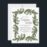 Invitación Sorpresa 30.º cumpleaños, hojas verdes<br><div class="desc">La acuarela verde deja en blanco Sorpresa 30 cumpleaños invitación de fiesta. Contáctenos para obtener ayuda sobre la personalización y los productos correspondientes.</div>