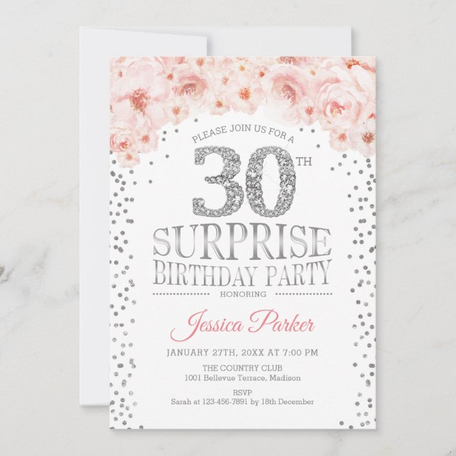 Invitación Sorpresa 30.º Fiesta de cumpleaños - Blanco Plata  (Anverso)