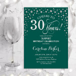 Invitación Sorpresa 30.º Fiesta de cumpleaños - Plata verde<br><div class="desc">Sorpresa 30.ª Invitación a la fiesta de cumpleaños. Elegante diseño en verde esmeralda y falsa plata purpurina. Presenta el tipo de letra de guión y los diamantes confetti. ¡Salud a 30 años! Mándame un mensaje si necesitas más personalización.</div>