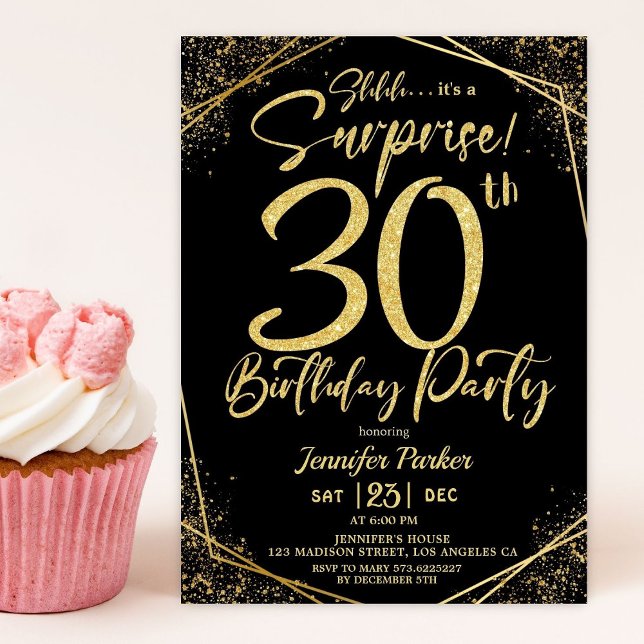Invitación Sorpresa 30.º Fiesta de cumpleaños Purpurina negro (Subido por el creador)