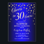 Invitación Sorpresa 30.º Fiesta de cumpleaños - Royal Blue Go<br><div class="desc">Sorpresa 30th Birthday Party Invitation Elegante diseño en falso oro purpurina y azul real. Presenta el tipo de letra del guión y el perfil. ¡Salud a 30 años! Mándame un mensaje si necesitas una edad personalizado.</div>