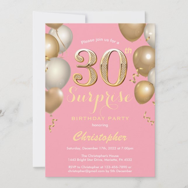 Invitación Sorpresa 30.º globo de oro y rosado de cumpleaños (Anverso)