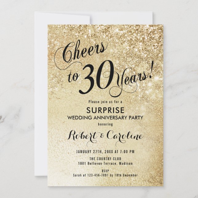 Invitación Sorpresa 30 Aniversario de Bodas - Oro (Anverso)