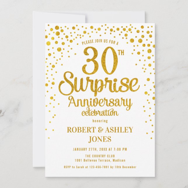 Invitación Sorpresa 30 aniversario de bodas - Oro y Blanco (Anverso)