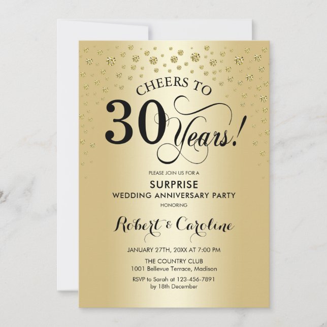 Invitación Sorpresa 30 Aniversario Dorado Negro Elegante (Anverso)