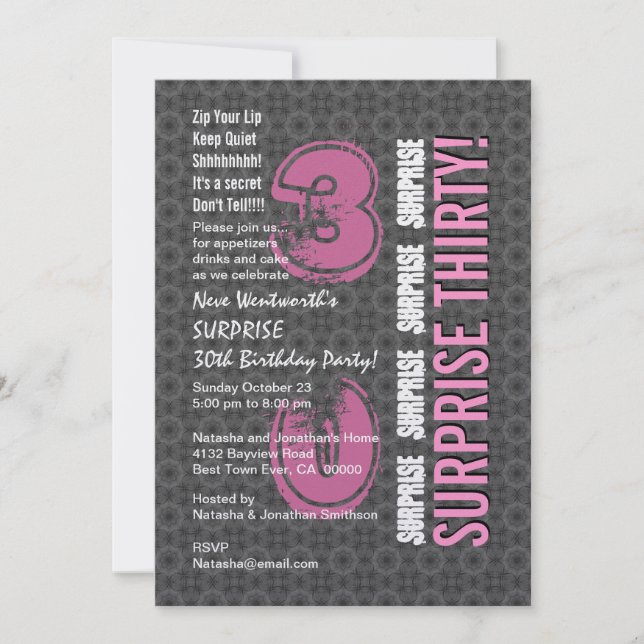 Invitación SORPRESA 30 Aniversario moderno gris y rosa W1756 (Anverso)