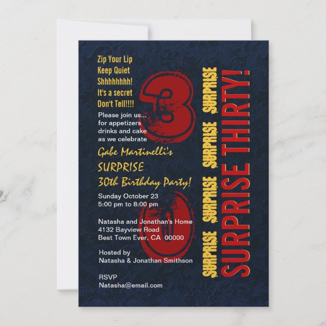 Invitación SORPRESA 30 Aniversario moderno Oro Rojo Azul W610 (Anverso)