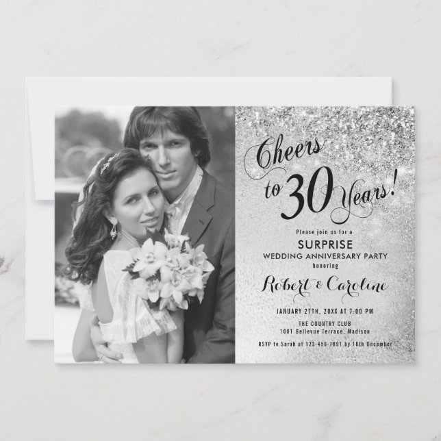 Invitación Sorpresa 30 años con foto - Plata (Anverso)
