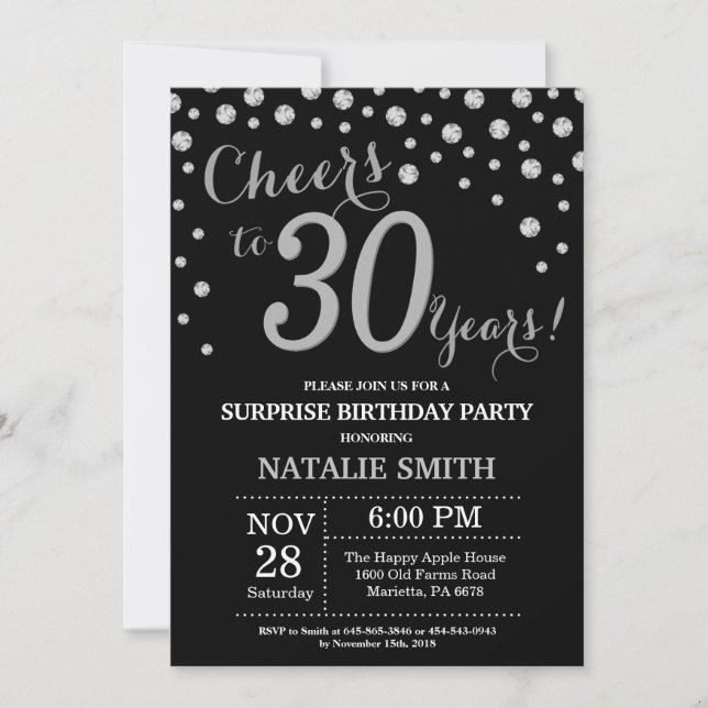 Invitación Sorpresa 30 años Diamante negro y plateado (Anverso)