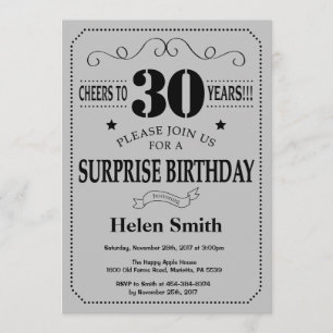 Invitación Sorpresa 30 años negro y gris plateado
