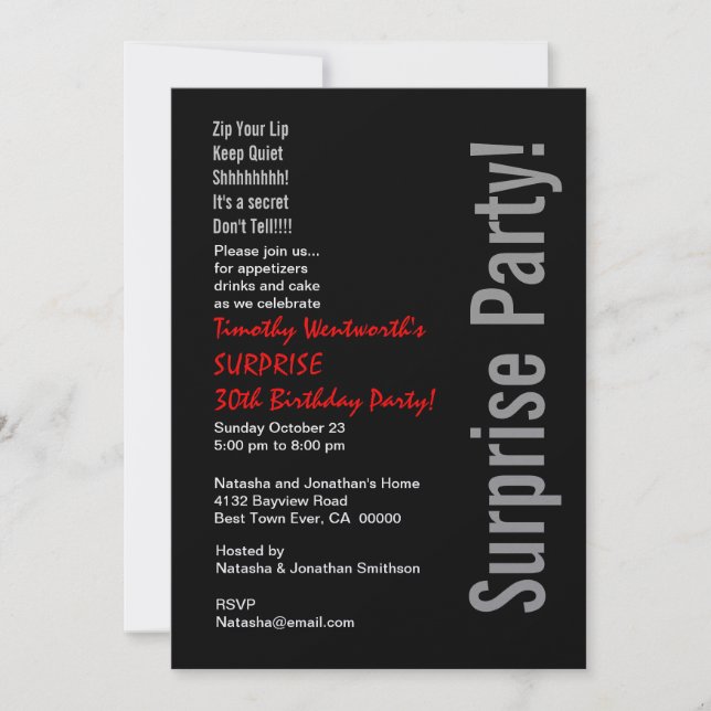 Invitación SORPRESA 30 Años Plata Negra Moderna Rojo (Anverso)