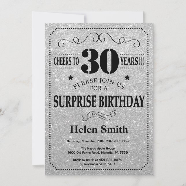 Invitación Sorpresa, 30 años, Purpurina negro y plateado (Anverso)