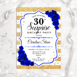 Invitación Sorpresa 30 cumpleaños - Azul real blanco dorado<br><div class="desc">Sorpresa Invitación a los 30 Años. Diseño azul real y blanco femenino con oro falso purpurina. Cuenta con rayas,  rosas azules de zafiro,  fuente de guión y confeti. Perfecto para una elegante fiesta de cumpleaños. Se puede personalizar para mostrar cualquier edad. Mándame un mensaje si necesitas más personalización.</div>