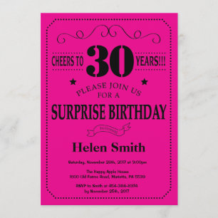 Invitación Sorpresa 30 cumpleaños Black and Hot Pink