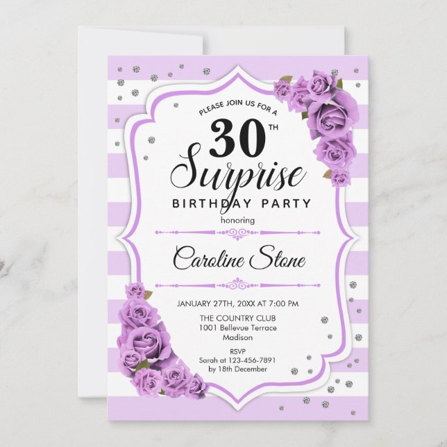 Invitación Sorpresa 30 cumpleaños - Blanco morado (Anverso)