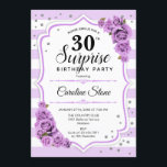 Invitación Sorpresa 30 cumpleaños - Blanco morado<br><div class="desc">Sorpresa Invitación a los 30 Años. Diseño lilaco de lavanda blanca. Presenta rayas,  rosas púrpura pastel,  fuente de escritura y confeti. Perfecto para una elegante fiesta de cumpleaños. Se puede personalizar para mostrar cualquier edad. Mándame un mensaje si necesitas más personalización.</div>