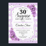 Invitación Sorpresa 30 cumpleaños - Blanco morado<br><div class="desc">Sorpresa Invitación a los 30 Años. Diseño lilaco de lavanda blanca. Presenta rayas,  rosas púrpura pastel,  fuente de escritura y confeti. Perfecto para una elegante fiesta de cumpleaños. Se puede personalizar para mostrar cualquier edad. Mándame un mensaje si necesitas más personalización.</div>