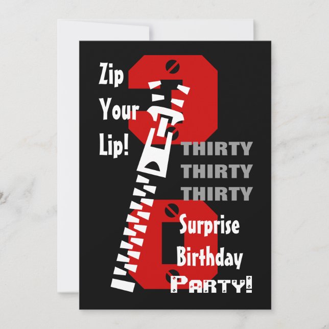 Invitación SORPRESA 30 cumpleaños blanco negro B473 (Anverso)