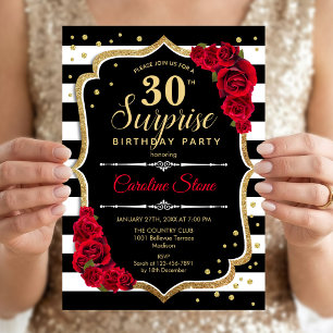 Invitación Sorpresa 30 cumpleaños - Blanco Negro Rojo