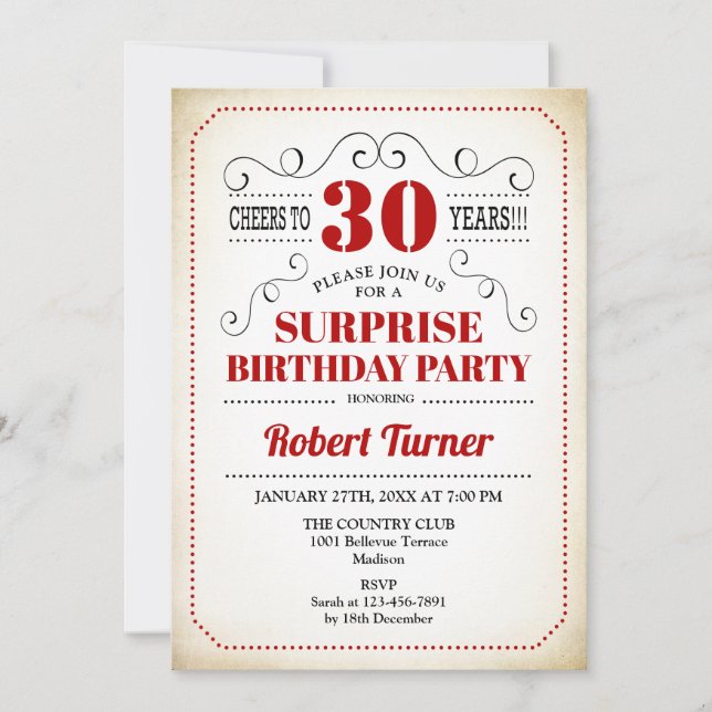 Invitación Sorpresa 30 cumpleaños - Blanco Rojo Negro (Anverso)