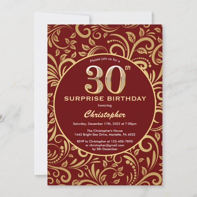 Invitación Sorpresa 30 cumpleaños Borgoña Red & Gold Floral (Anverso)
