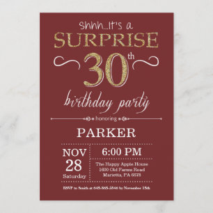 Invitación Sorpresa 30 cumpleaños Borgoña y Purpurina de oro